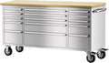 15 Drawer Stainless Steel Rolling Tool Chest with Wheels and Wood Top D8216