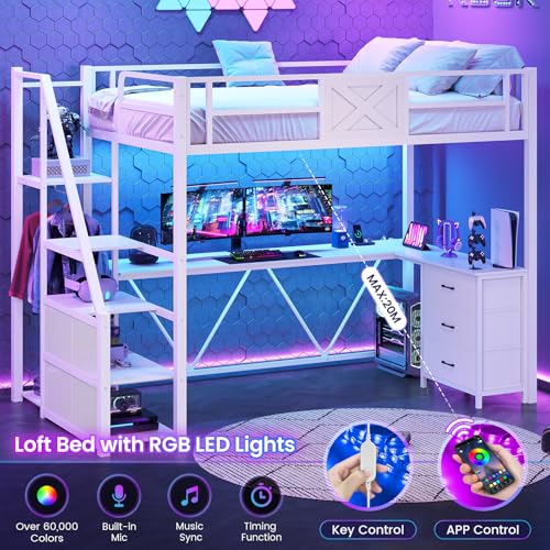 Twin Size White Metal Loft Bed with Desk and Wardrobe F759737