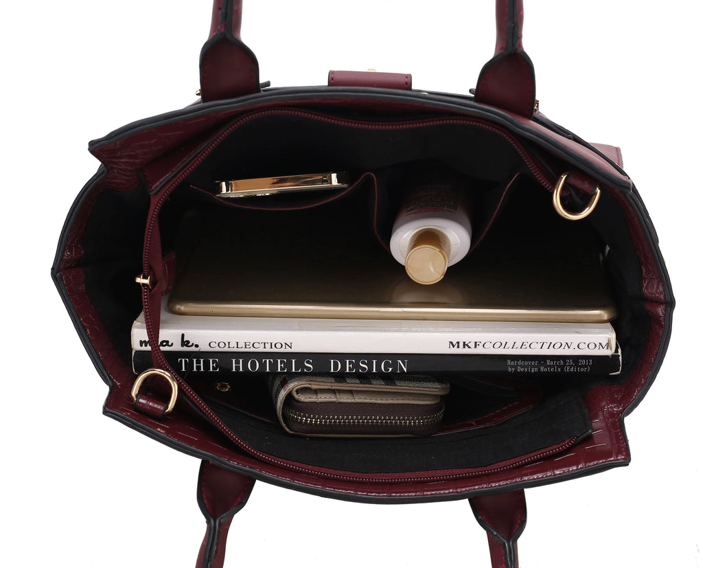 Crocodile Embossed Vegan Leather Satchel Bag with Wallet A175539