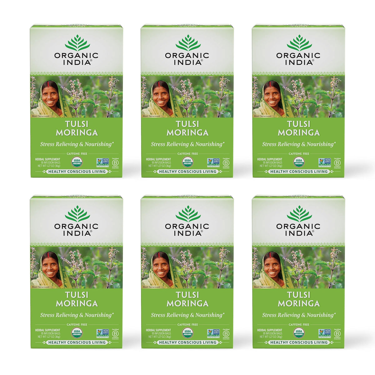 Organic Tulsi Moringa Herbal Tea, 18 Infusion Bags, 6 Pack W559966