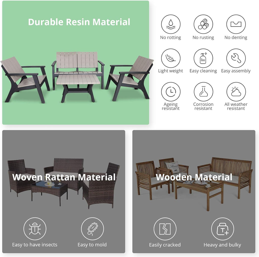 4 Pieces Resin Outdoor Furniture Set with Loveseat, 2 Chairs, Coffee Table L4452