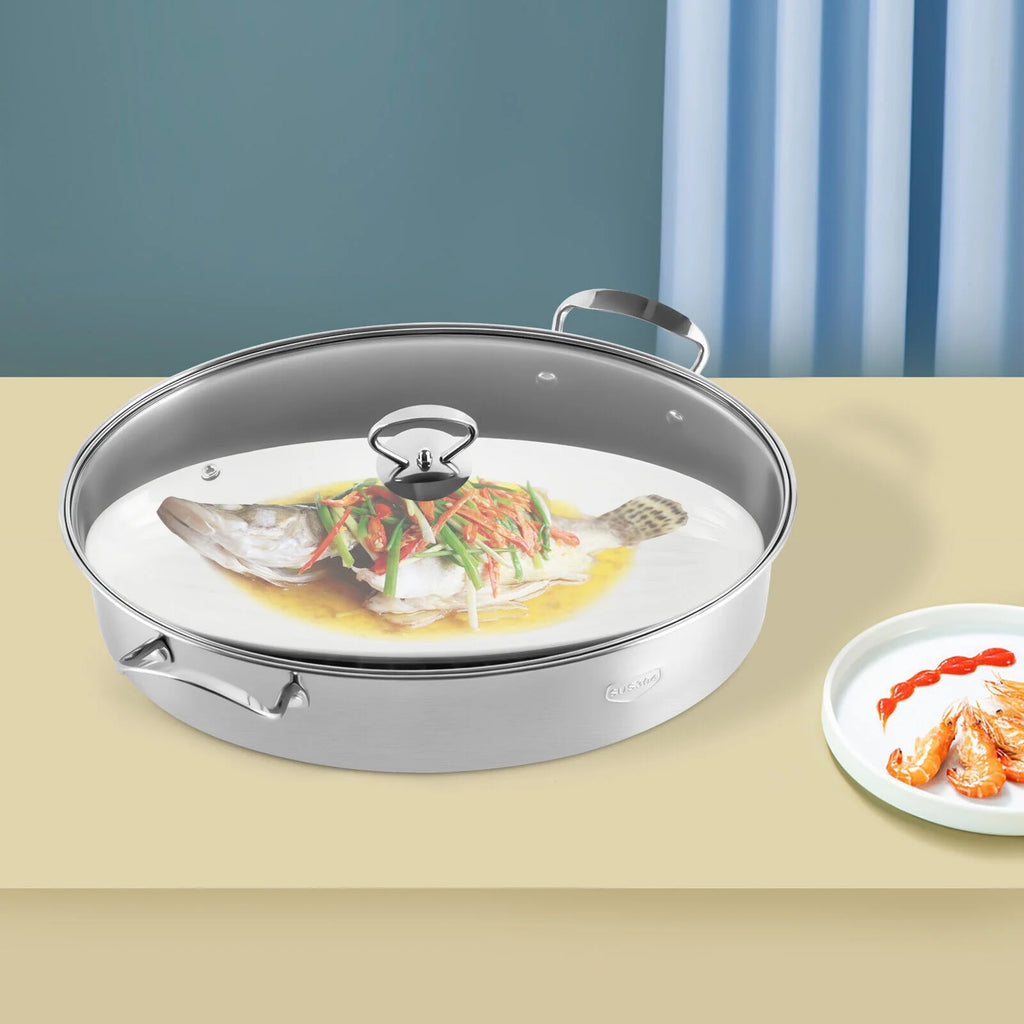 Stainless Steel Oval Fish Steaming Pot with Glass Lid Cookware N8904