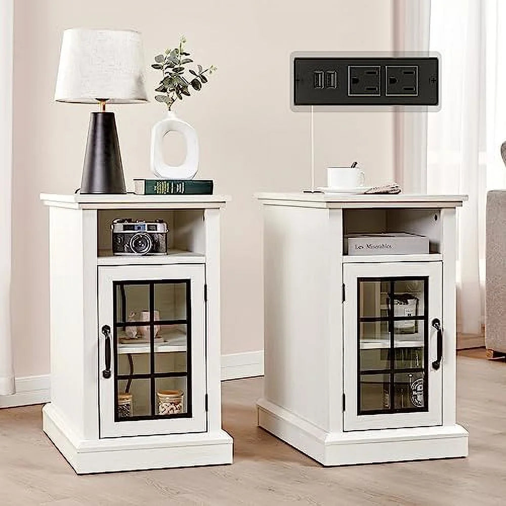 Distressed White End Table with Glass Door O11835