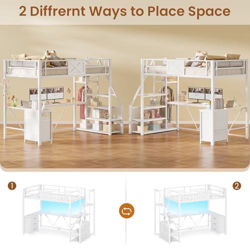 Twin Size White Metal Loft Bed with Desk and Wardrobe F759737