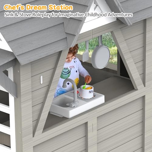 Gray Wooden Play House Playset with Kitchen M56980