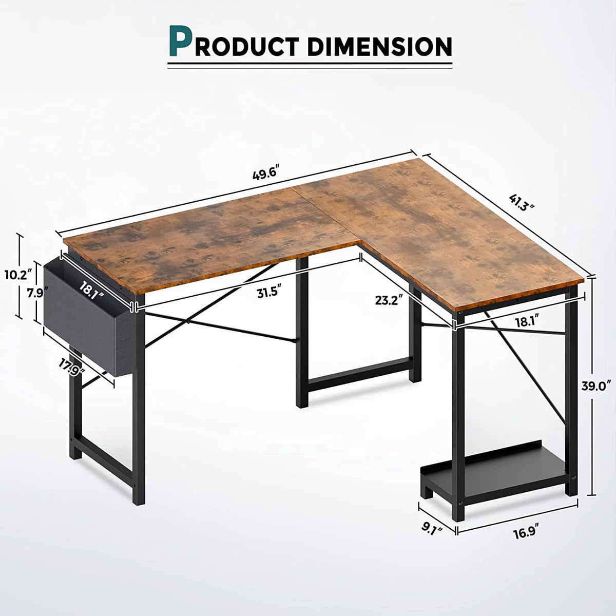 L Shaped 49 Inch Computer Desk with Storage Bag CPU Stand Rustic Brown A516