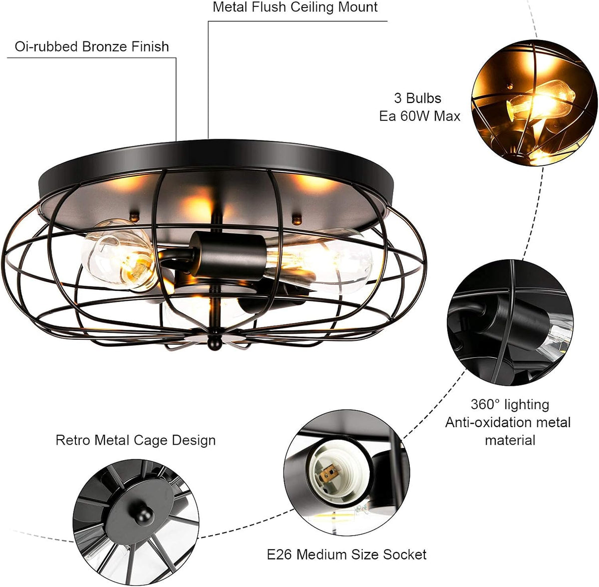 3 Pack Semi Flush Mount Ceiling Light, 3 Lights Metal Cage Light Fixture E13385