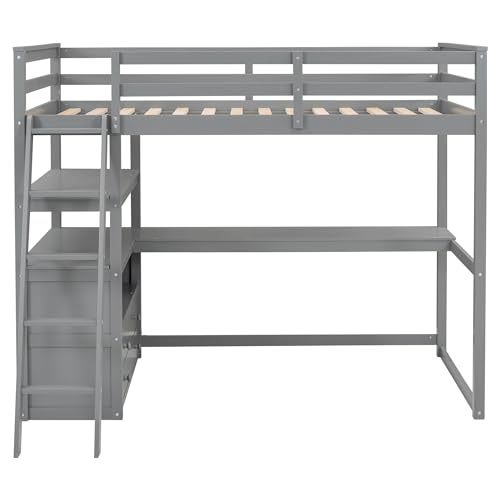 Twin Size White Solid Wood Loft Bed with Wardrobe, Desk and Shelves H96256