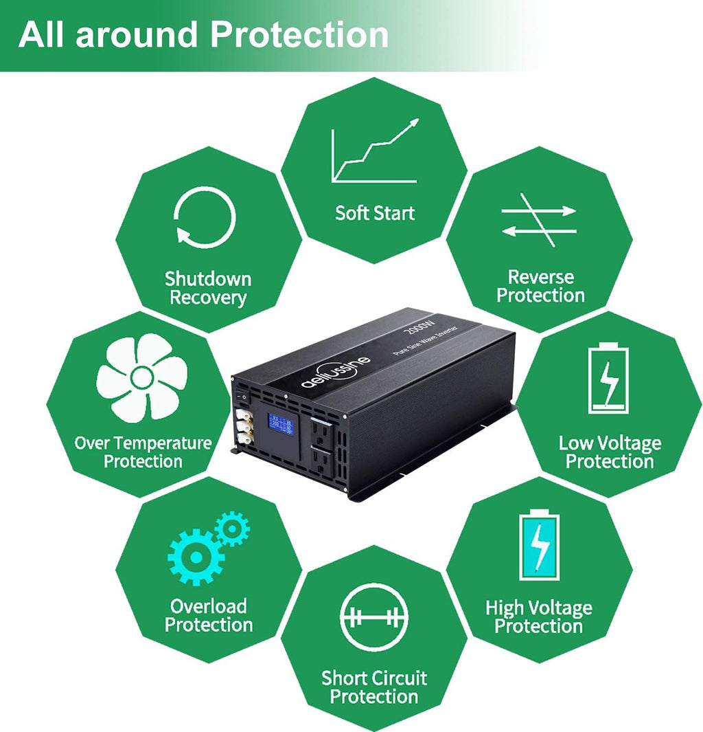 2000 Watt Pure Sine Wave Power Inverter 12V to 110V 120V DC to AC 4000W Surge Hardwire Terminal 2 US Outlet U966186