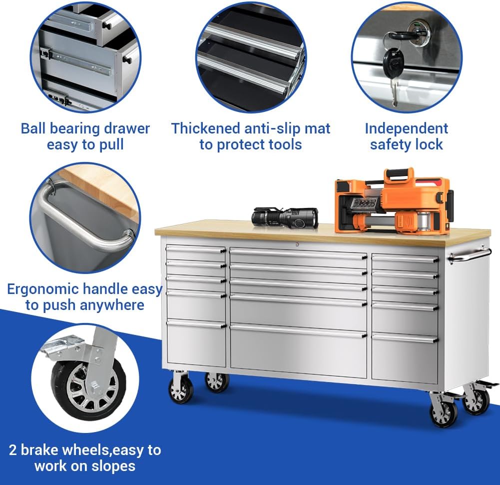 15 Drawer Stainless Steel Rolling Tool Chest with Wheels and Wood Top D8216