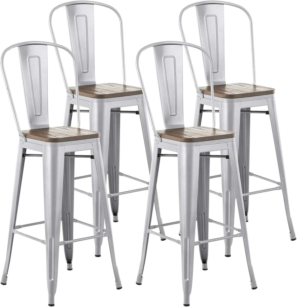30” Metal Bar Stools Set of 4, High Back Wooden Seat, Stackable White X8950
