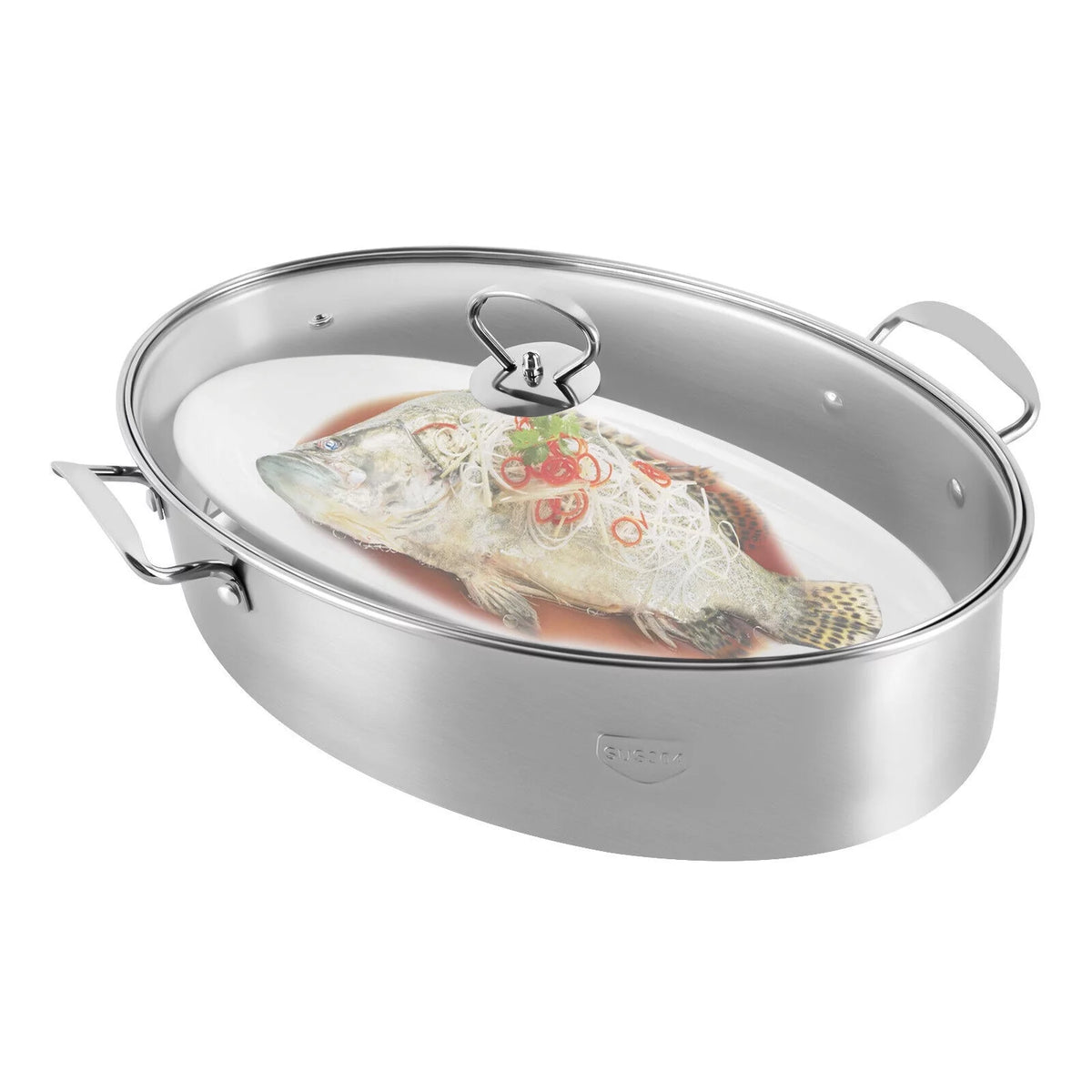 Stainless Steel Oval Fish Steaming Pot with Glass Lid Cookware N8904