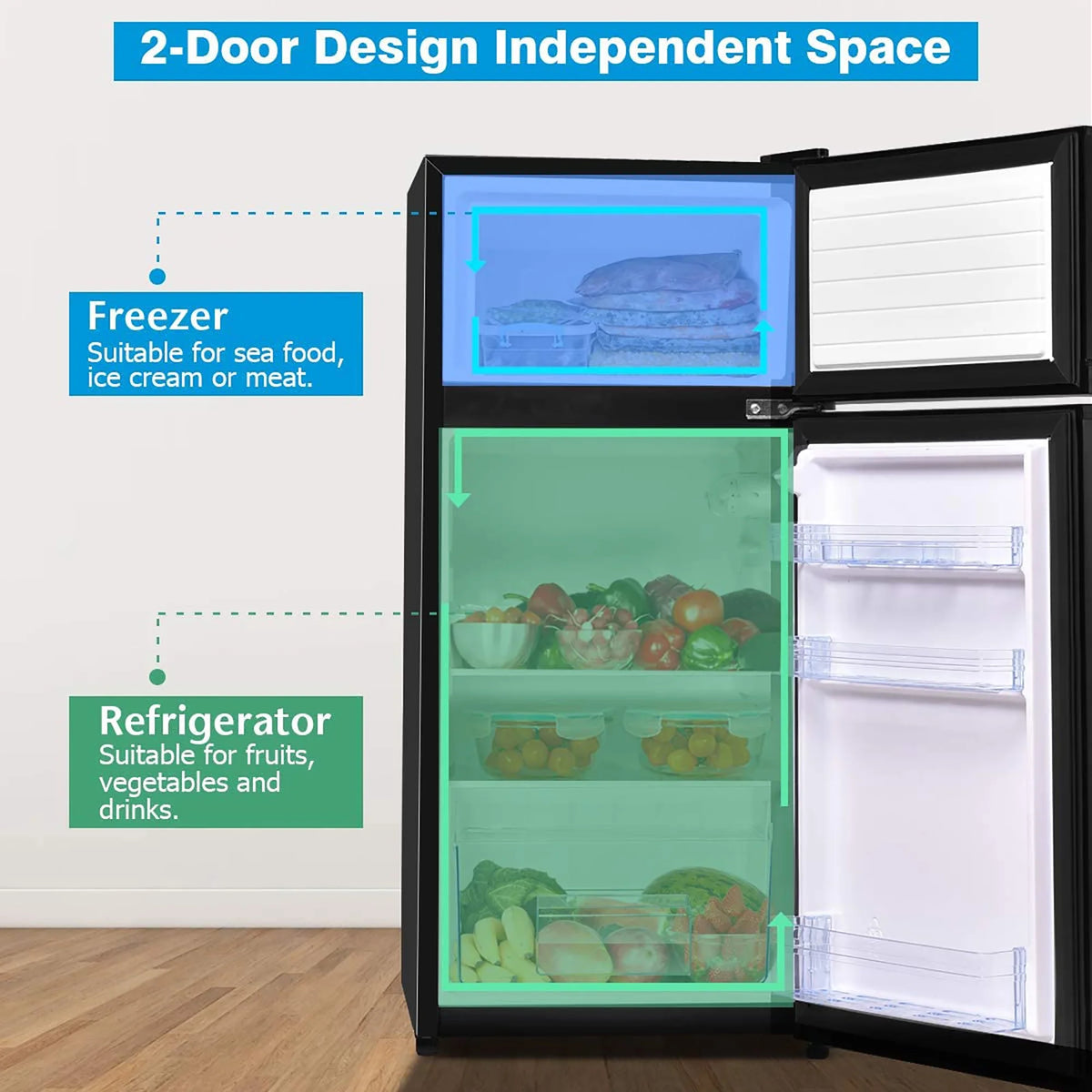 2 Doors 3.4 cu ft. Compact Mini Refrigerator Freezer D184