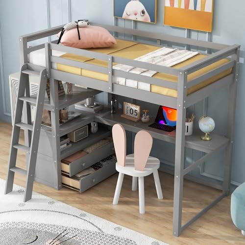 Twin Size White Solid Wood Loft Bed with Wardrobe, Desk and Shelves H96256