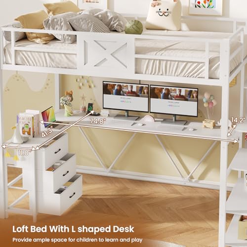 Twin Size White Metal Loft Bed with Desk and Wardrobe F759737