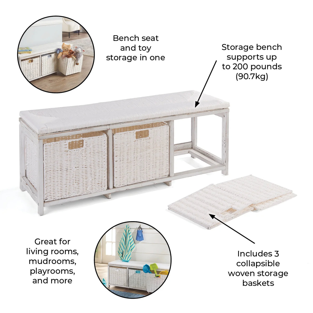 Brown Woven Top Storage Bench with Baskets B4327