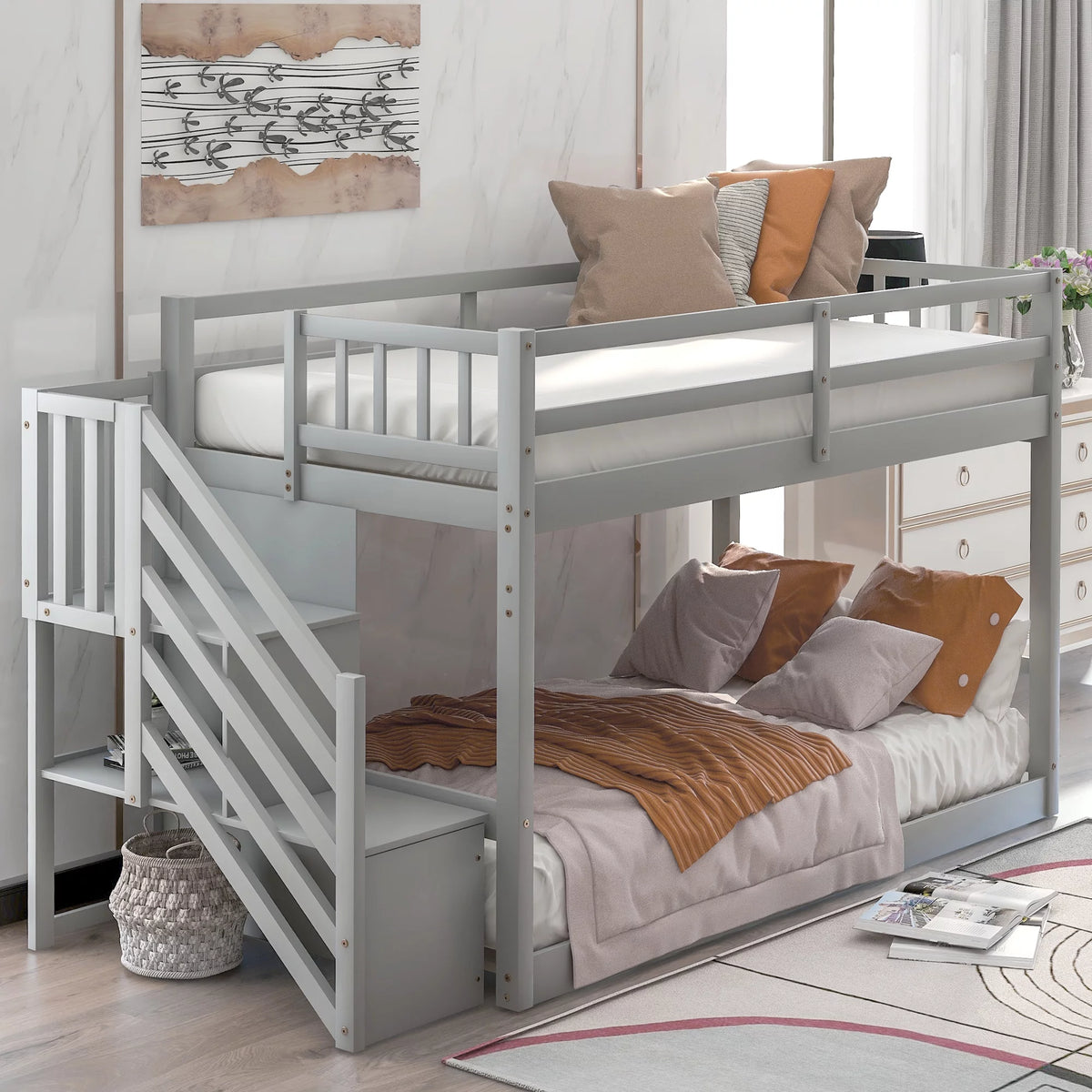 Twin Over Twin Floor Bunk Bed with Ladder and Storage Gray E85861