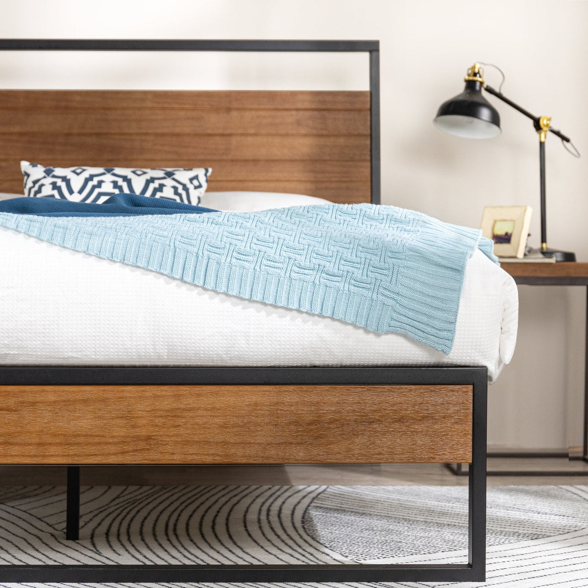 Metal and Wood Platform Bed Frame with Headboard, Chestnut Brown, Full W75770