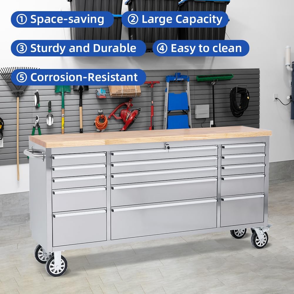 15 Drawer Stainless Steel Rolling Tool Chest with Wheels and Wood Top D8216