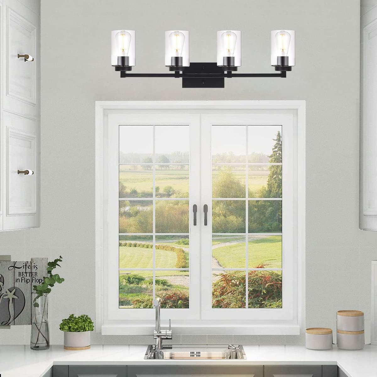 4 Light Matte Black Bathroom Light Fixtures 31.1 Inches Vanity Lighting with Glass Shade J533838