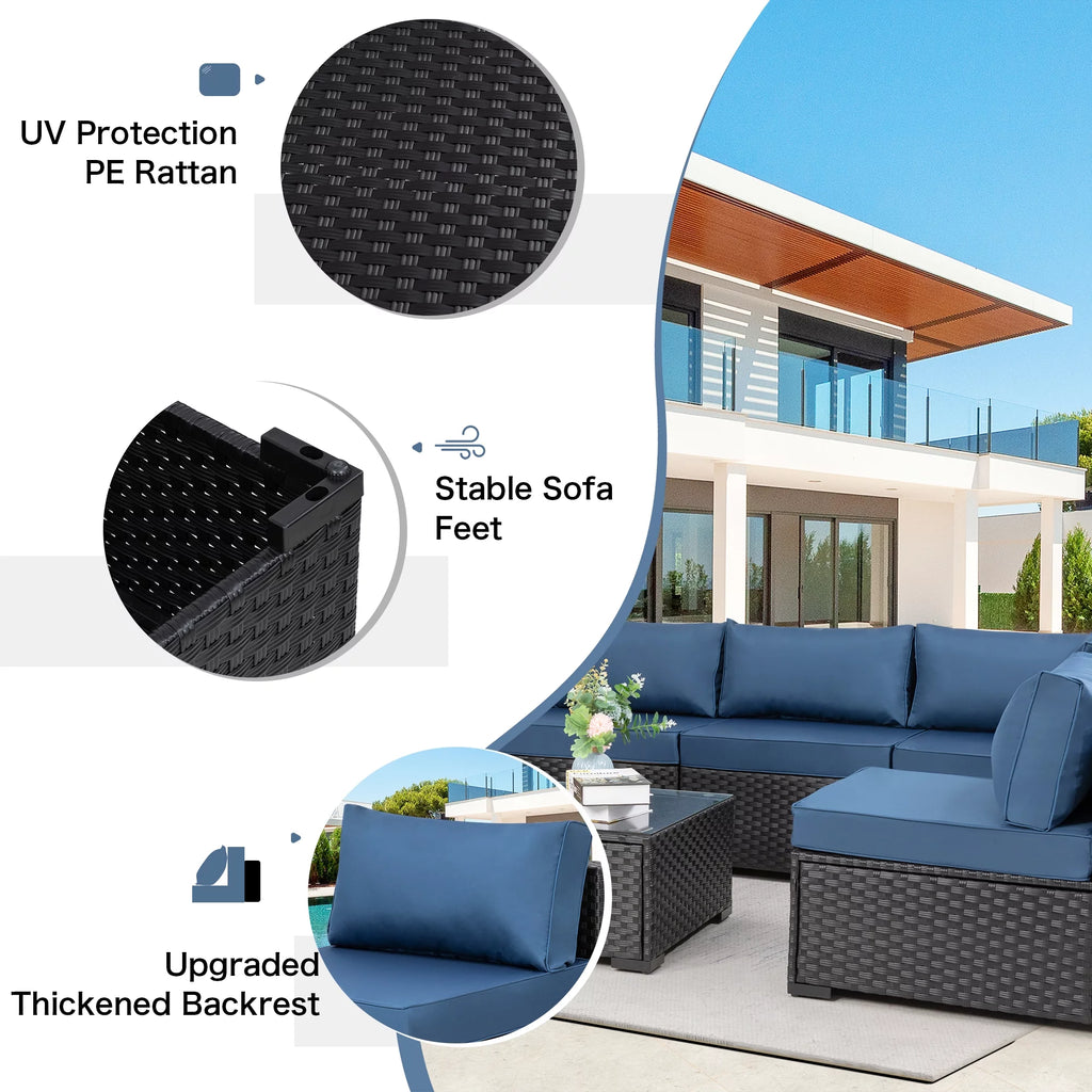 7 Pieces Black Wicker Outdoor Sectional Sofa Set with Tea Table and Cushions A456