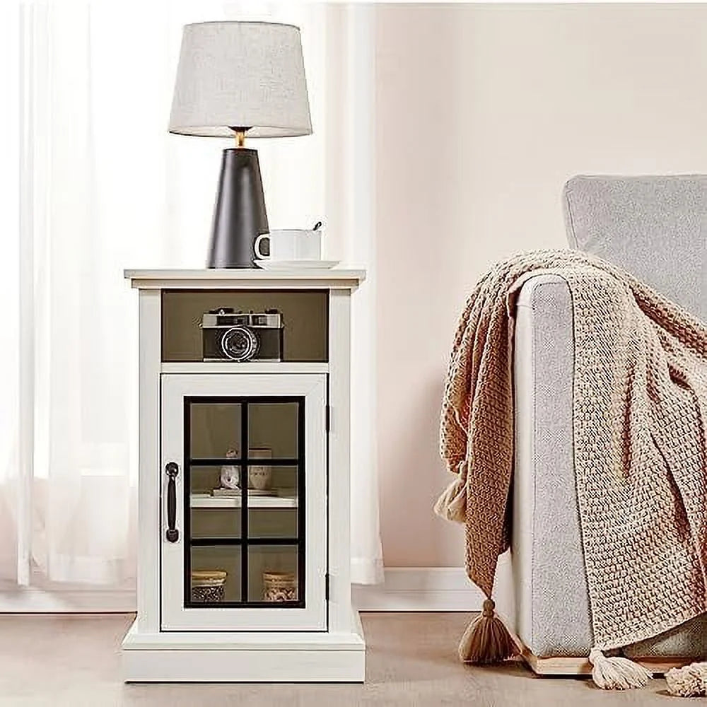Distressed White End Table with Glass Door O11835