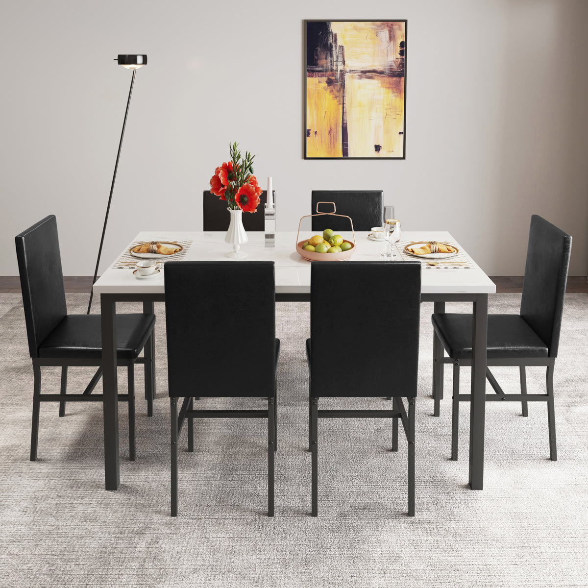 7 Piece Marble Dining Table and 4 PU Leather Upholstered Chairs Set C29671