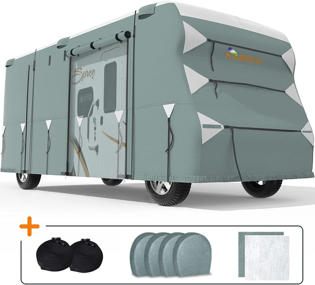 Extra-Thick 5 Layers Anti-UV RV Cover with 2Pcs Straps & 4 Tire Covers E353993