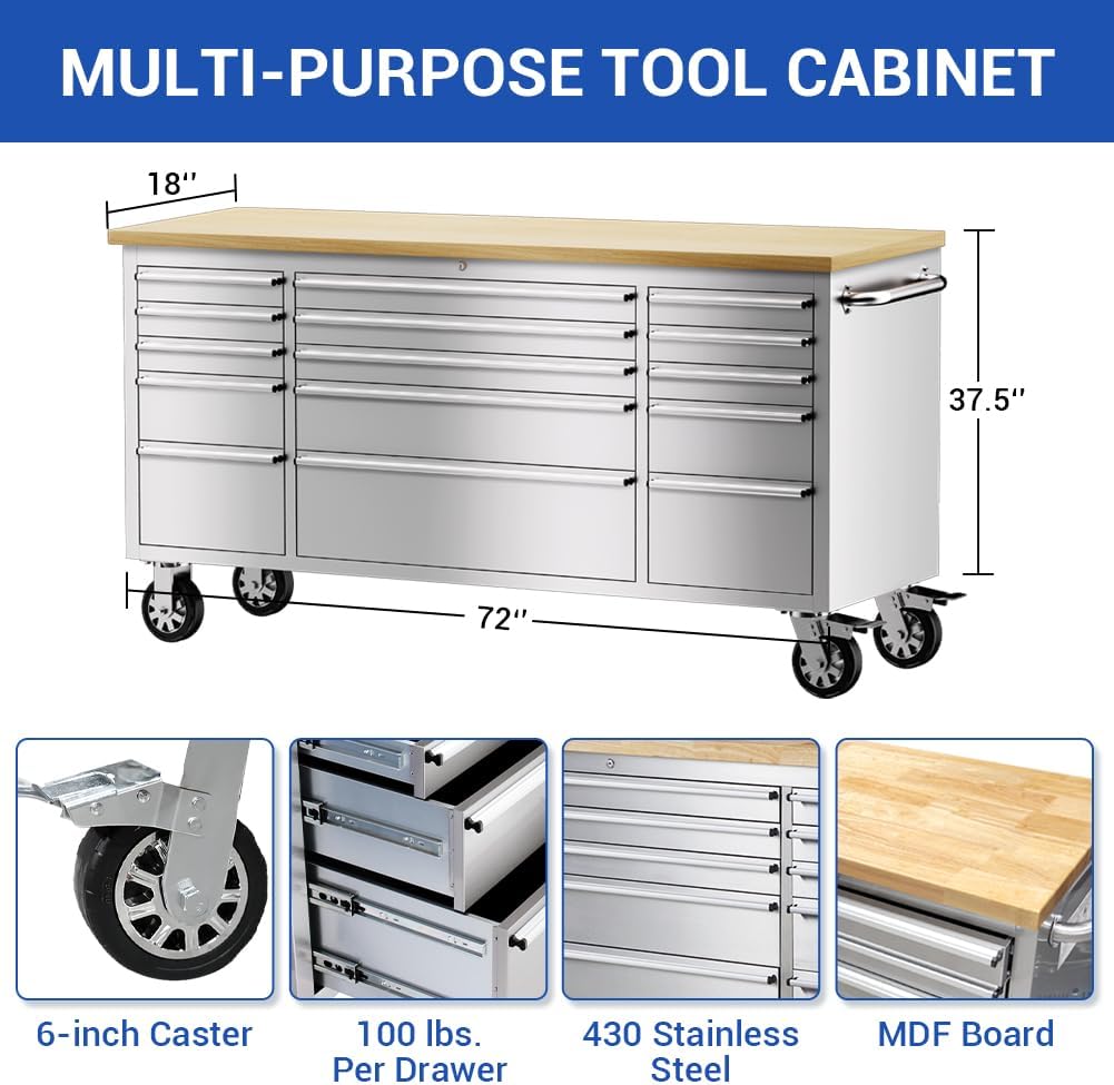 15 Drawer Stainless Steel Rolling Tool Chest with Wheels and Wood Top D8216