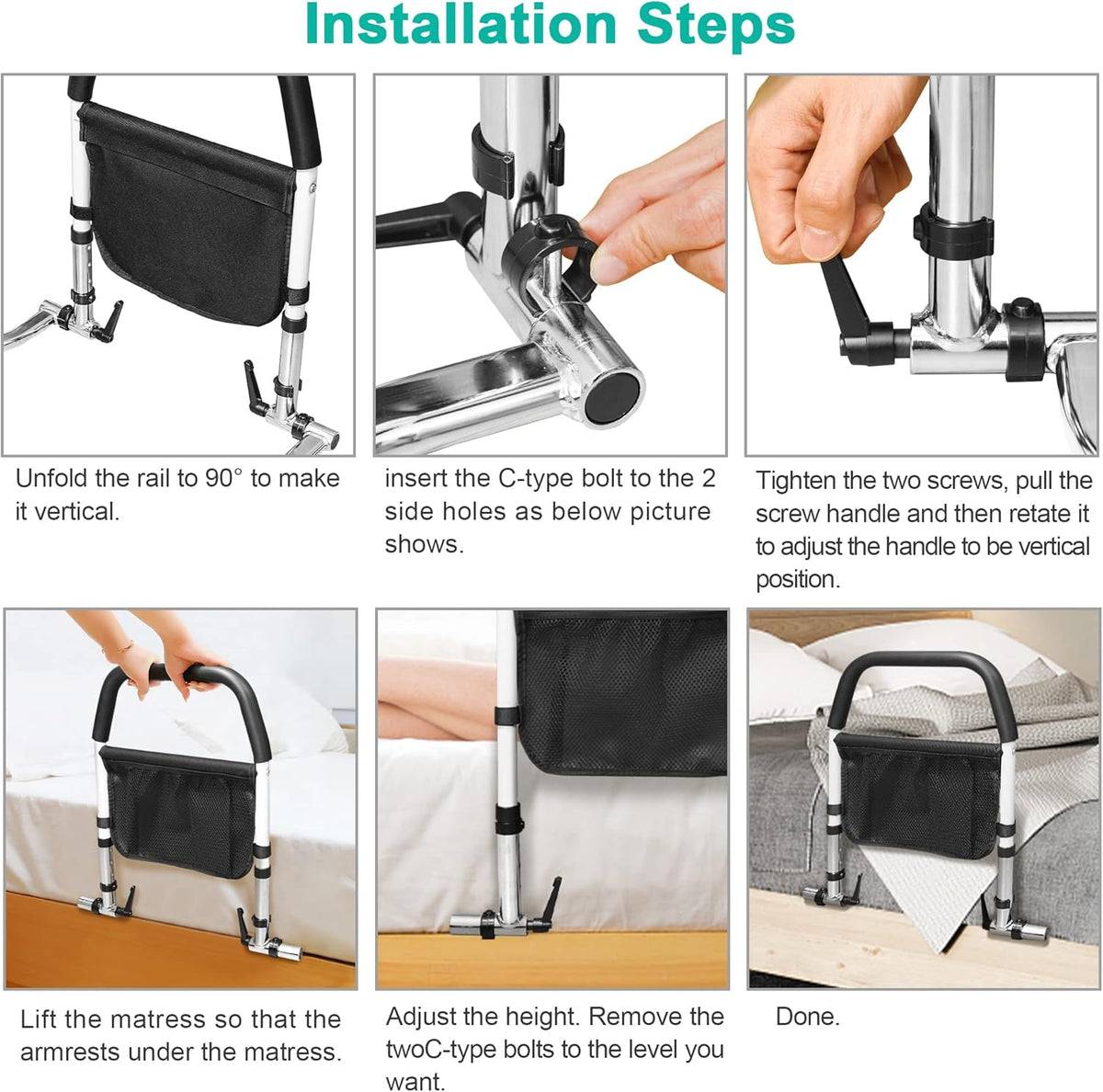 Bed Assist Rail with Fall Prevention Guard, Adjustable Height, Storage Pocket & Tablet Phone Holder, Pack of 2 B596965