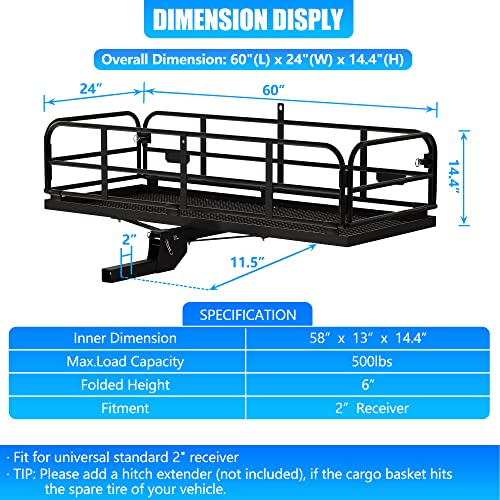 60"x24"x14.4" Folding Hitch Mount Cargo Carrier for 2" Receiver O9001