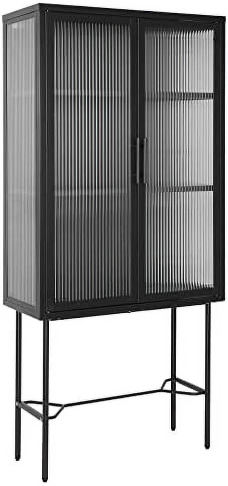 Tall Fluted Glass Door Cabinet with 2-Tier Adjustable Shelves Blue C913337