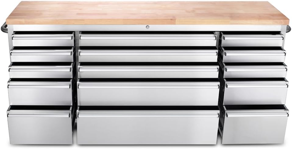 15 Drawer Stainless Steel Rolling Tool Chest with Wheels and Wood Top D8216