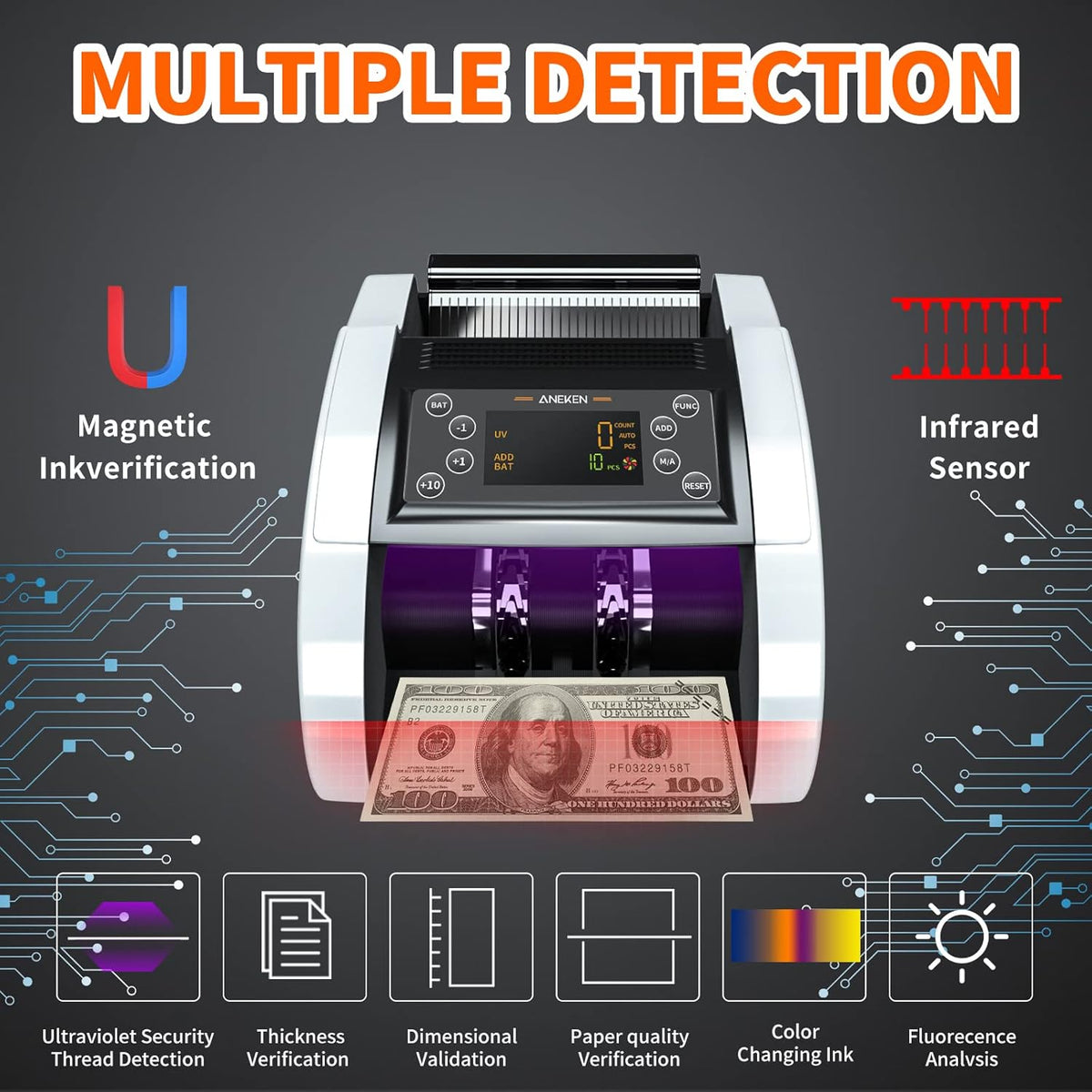 Money Counter with UV/MG/IR/DBL/HLF/CHN Counterfeit Detection, Portable Bill Counter with LED Display, 1,000 Bills/Min H78421