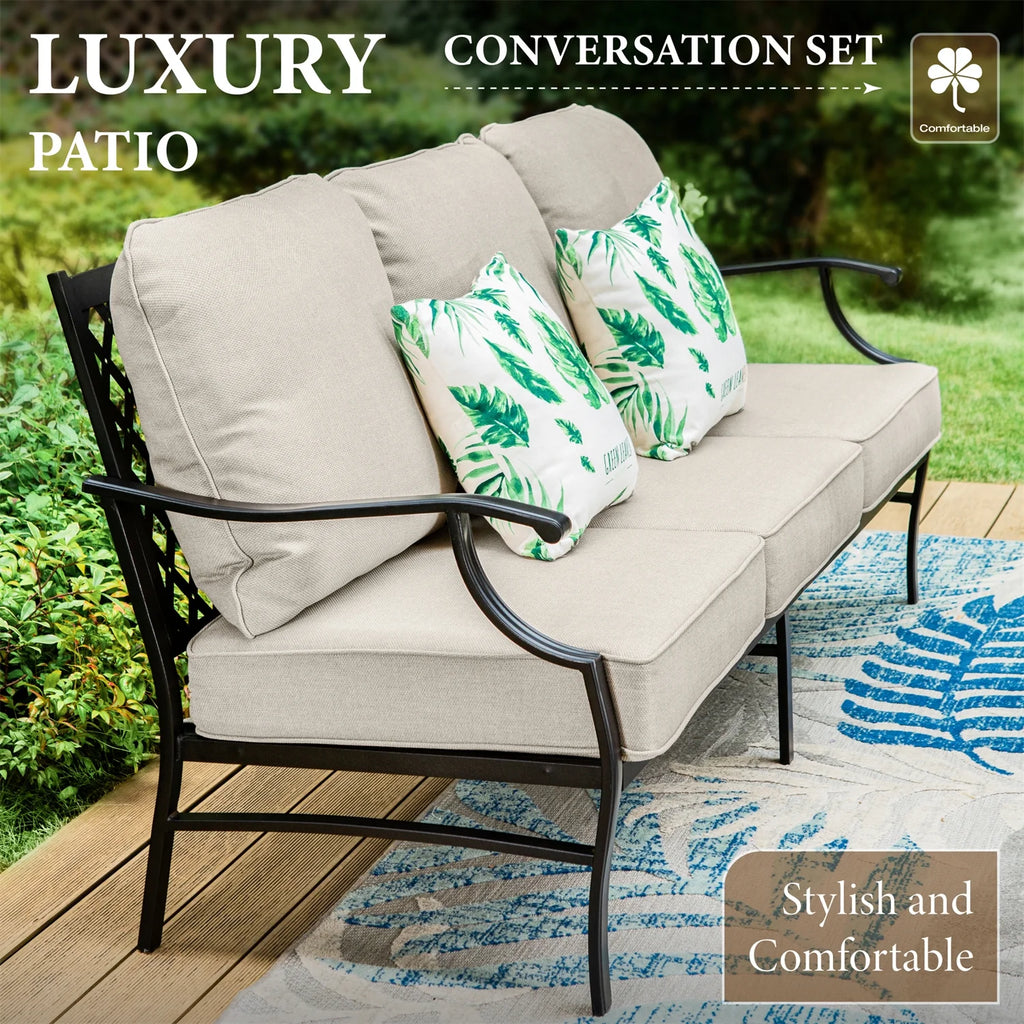 Beige 7-Seat Metal Patio Furniture Set with Fire Pit Table E98635