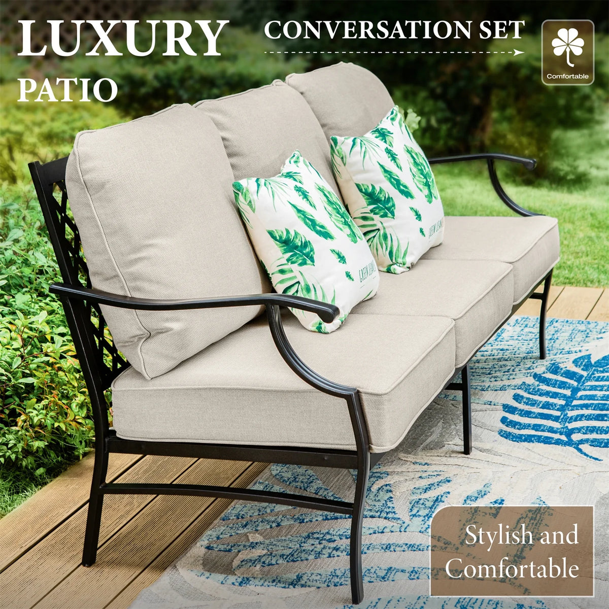 Beige 7-Seat Metal Patio Furniture Set with Fire Pit Table E98635