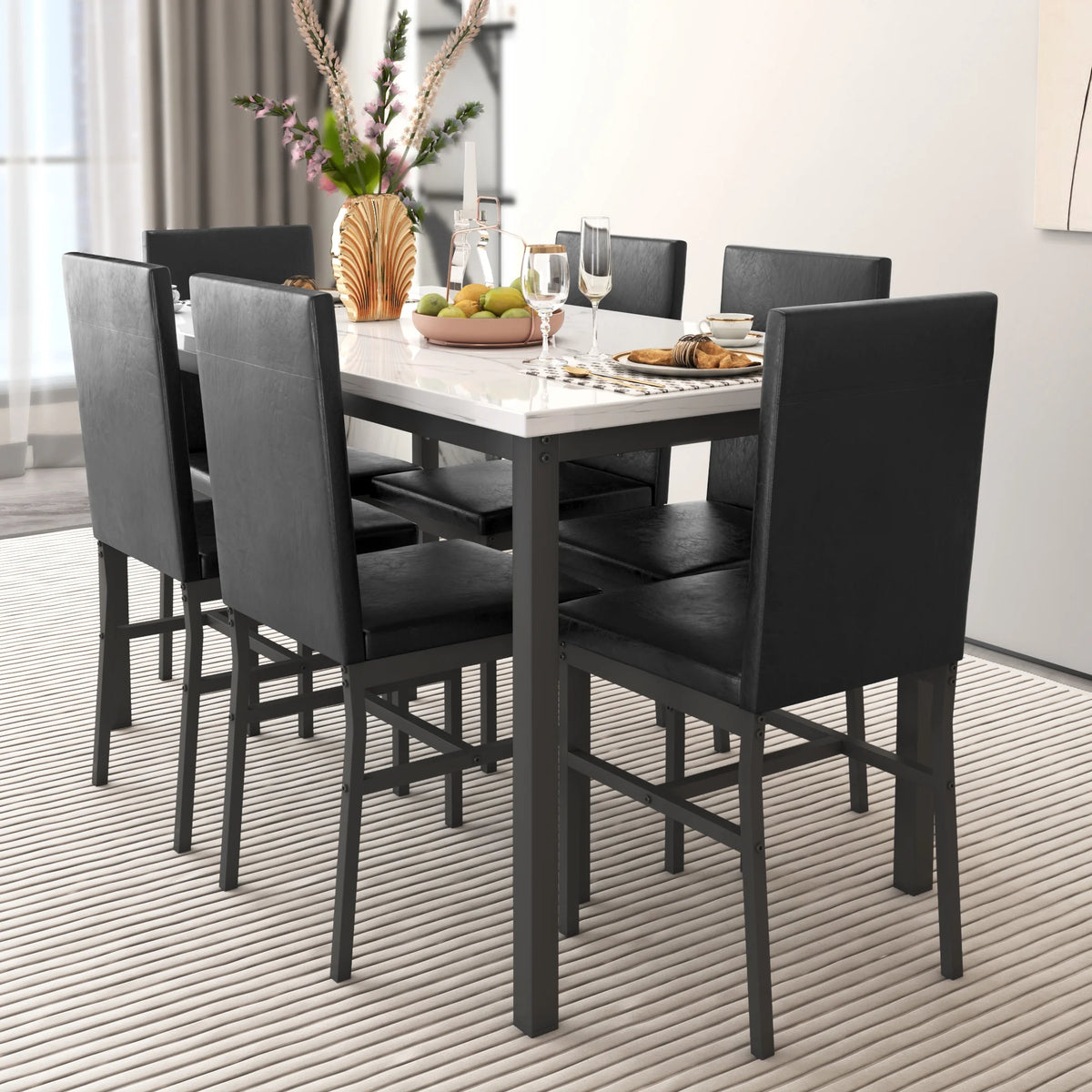 7 Piece Marble Dining Table and 4 PU Leather Upholstered Chairs Set C29671