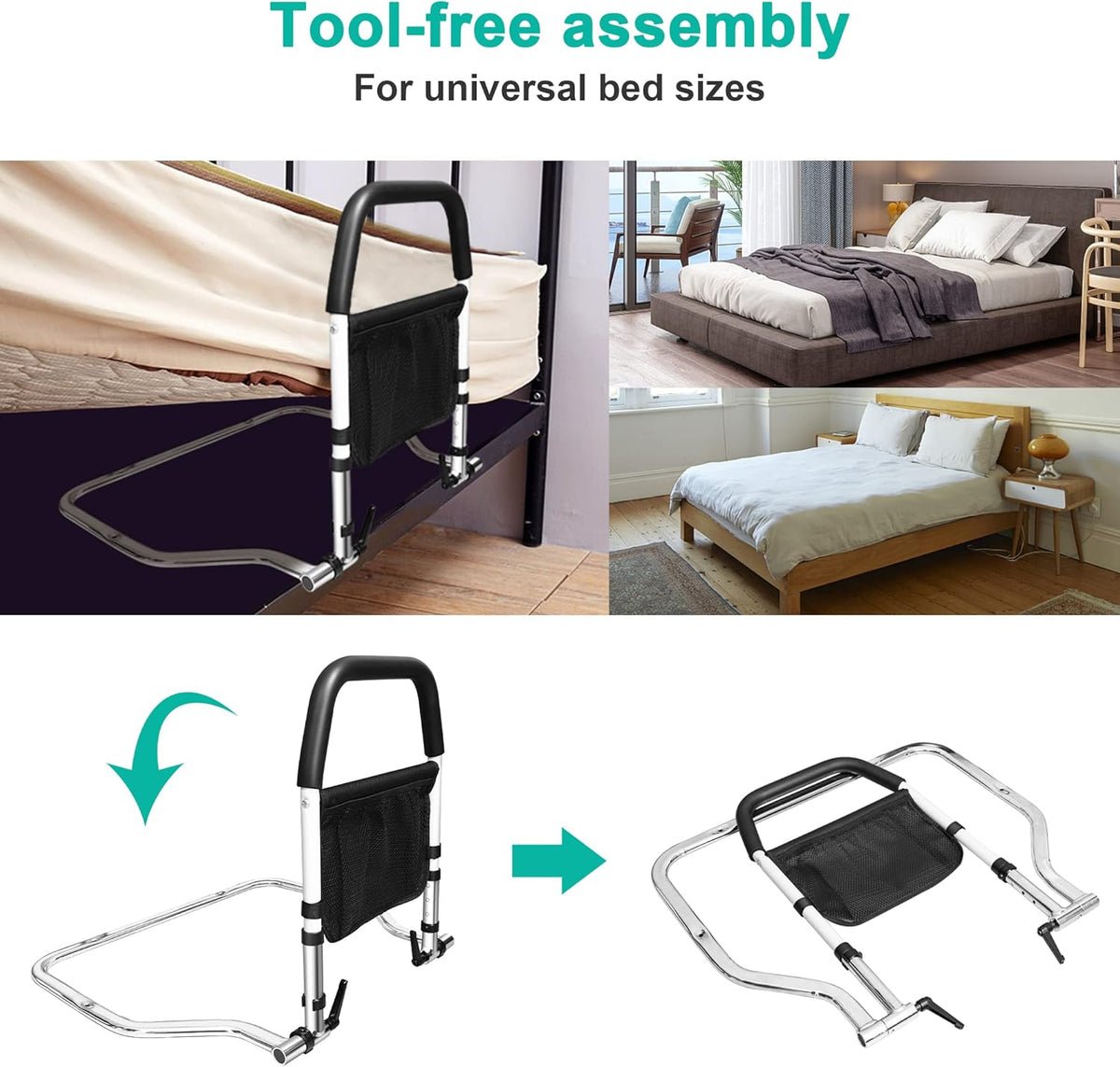 Bed Assist Rail with Fall Prevention Guard, Adjustable Height, Storage Pocket & Tablet Phone Holder, Pack of 2 B596965
