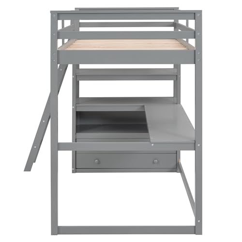 Twin Size White Solid Wood Loft Bed with Wardrobe, Desk and Shelves H96256