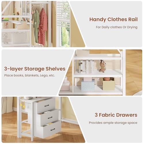 Twin Size White Metal Loft Bed with Desk and Wardrobe F759737