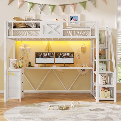 Twin Size White Metal Loft Bed with Desk and Wardrobe F759737
