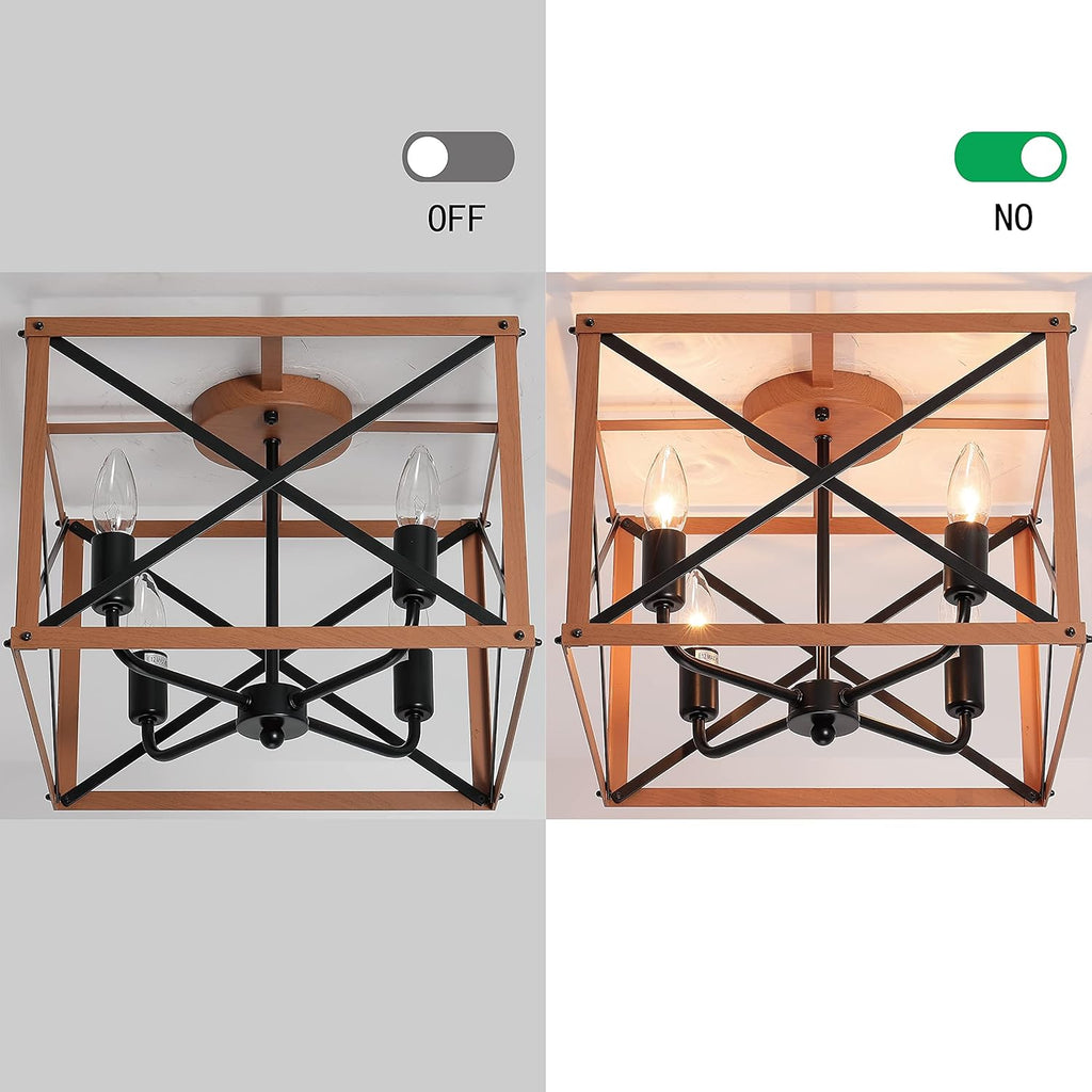 Retro Semi Flush Mount 4-Light Rectangle Wood Ceiling Light Fixture F709736
