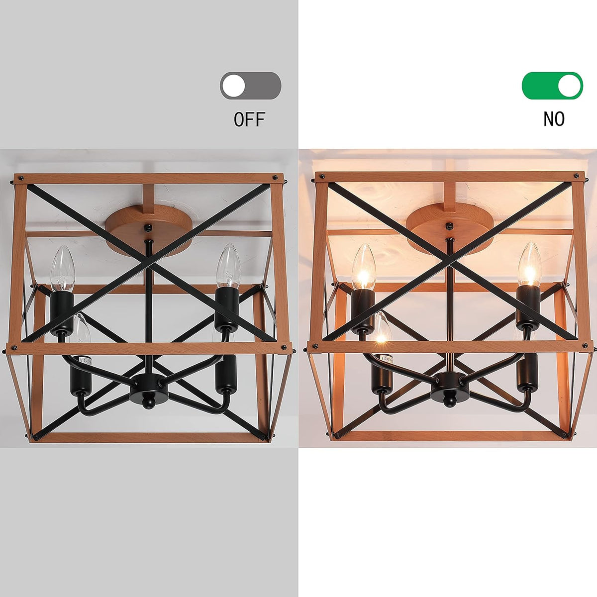 Retro Semi Flush Mount 4-Light Rectangle Wood Ceiling Light Fixture F709736
