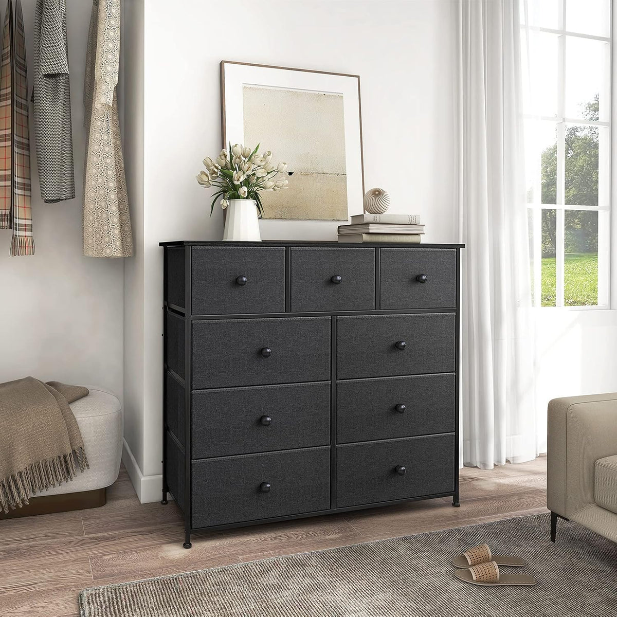 Black Grey 9 Drawer Steel Frame Wooden Top Dresser Z3271