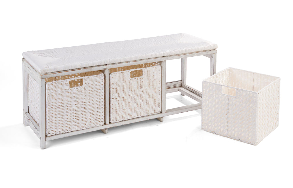 Brown Woven Top Storage Bench with Baskets B4327