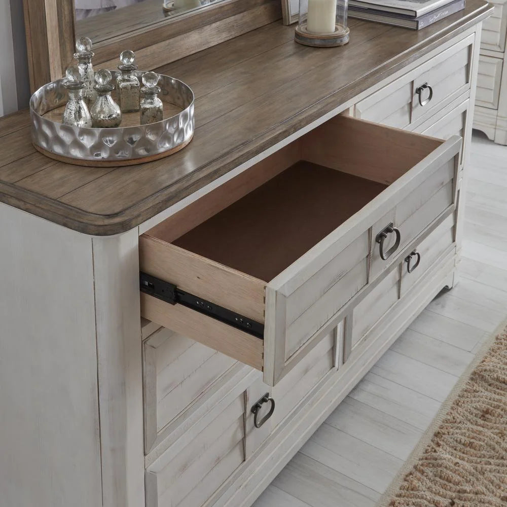 White-Washed Wood 6-drawer Dresser and Mirror F1630