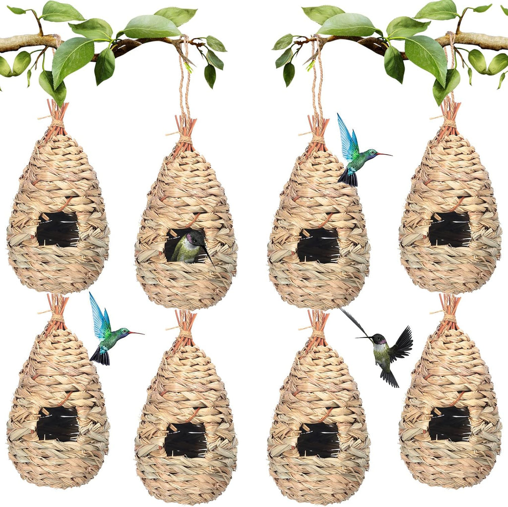 8 Pack 9.45 x 4.33 Inch Hand Woven Natural Fiber Hummingbird Nest Houses Y264