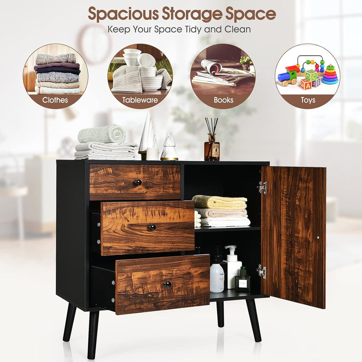 Storage Cabinet Buffet Sideboard with 3 Drawers and Adjustable Shelf J958150
