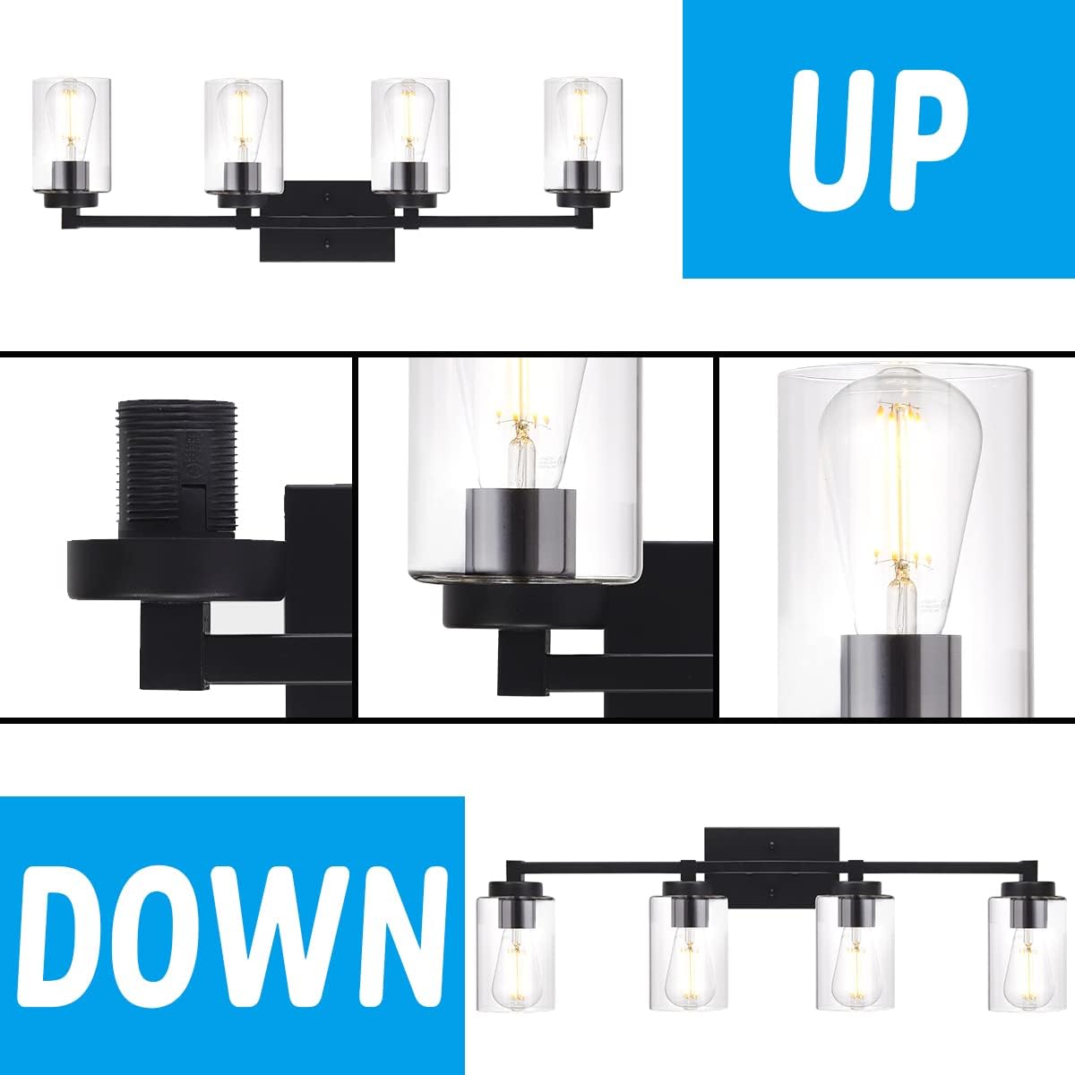 4 Light Matte Black Bathroom Light Fixtures 31.1 Inches Vanity Lighting with Glass Shade J533838