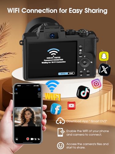 88MP Digital Camera with WiFi, Touch Screen, 16X Zoom, Autofocus, Anti-Shake, Dual Camera, 2 Batteries, 64GB Card, Flash, Lens Hood W55713